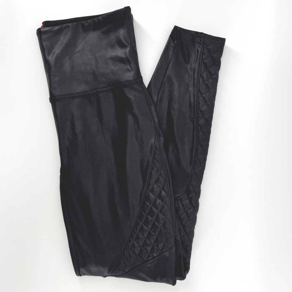 Spanx Faux Leather Quilted Leggings Women Large Black Moto‎ High Waist Shaping